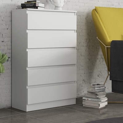 Masseno Kommode ADRIANO 70 cm Sideboard mit 5 Schubladen für Wohnzimmer Schlafzimmer Modern 70x33x112 cm Weiß / Weiß