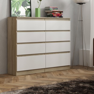 Masseno Kommode ADRIANO 120 cm Sideboard mit 8 Schubladen für Wohnzimmer Schlafzimmer Modern 120x33x100 cm Sonoma Eiche / Weiß