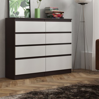 Masseno Kommode ADRIANO 120 cm Sideboard mit 8 Schubladen für Wohnzimmer Schlafzimmer Modern 120x33x100 cm Wengefarben / Weiß