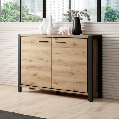 Masseno Kommode ATTIVO 112 cm Sideboard und 2 Türen für Wohnzimmer Schlafzimmer Modern 112x41x91 cm Eichefarben / Eichefarben