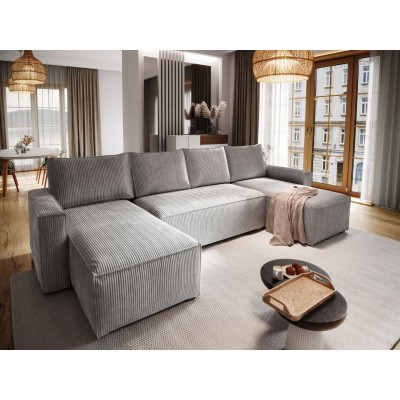 Masseno Ecksofa ASPRA mit Schlaffunktion und Bettkasten, Ausziehbares Bettsofa - Hellgrau, POSO 55