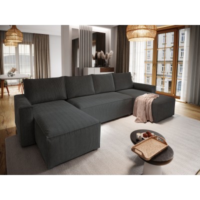 Masseno Ecksofa ASPRA mit Schlaffunktion und Bettkasten, Ausziehbares Bettsofa - Schwarz, POSO 135