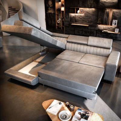 Masseno Ecksofa NOLA mit Schlaffunktion und Bettkasten, Ausziehbares Bettsofa - Beige, MONOLITH 09