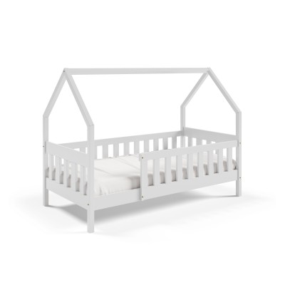 Kinderbett BELLA 80x190 cm mit Geländer Kiefer, In Form eines Hauses, Weiß