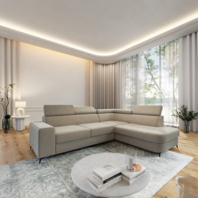 Masseno Ecksofa ALVORO mit Schlaffunktion und Bettkasten, Ausziehbares Bettsofa - Beige, MATT VELVET 09