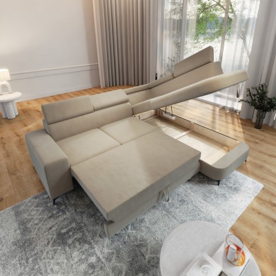 Masseno Ecksofa ALVORO mit Schlaffunktion und Bettkasten, Ausziehbares Bettsofa - Beige, MATT VELVET 09