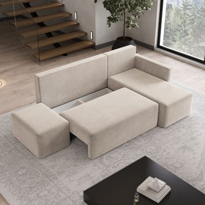 Masseno Ecksofa VELOTTI mit Schlaffunktion und Bettkasten, Ausziehbares Bettsofa - Beige, PAROS 02