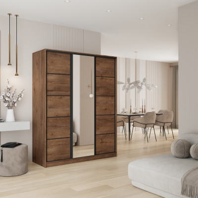 PINA 160 cm Schiebegarderobe mit Spiegel Dreitüriger Kleiderschrank mit Schubladen