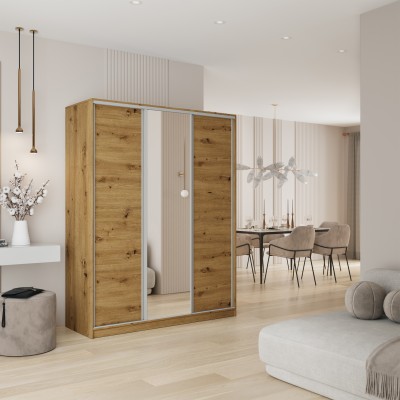 Schiebegarderobe TARI 160 cm mit Spiegel Dreitüriger Kleiderschrank mit Schubladen