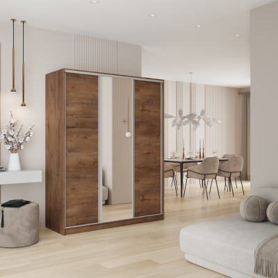 Schiebegarderobe TARI 160 cm mit Spiegel Dreitüriger Kleiderschrank mit Schubladen