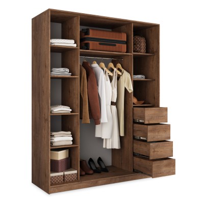 Schiebegarderobe TARI 160 cm mit Spiegel Dreitüriger Kleiderschrank mit Schubladen