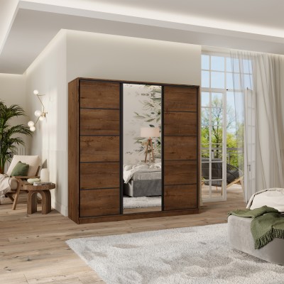 PINA 200 cm Schiebegarderobe mit Spiegel Dreitüriger Kleiderschrank mit Schubladen