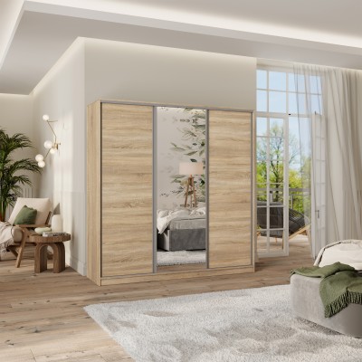 Schiebegarderobe TARI 200 cm mit Spiegel Dreitüriger Kleiderschrank mit Schubladen