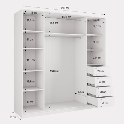 Schiebegarderobe TARI 200 cm mit Spiegel Dreitüriger Kleiderschrank mit Schubladen