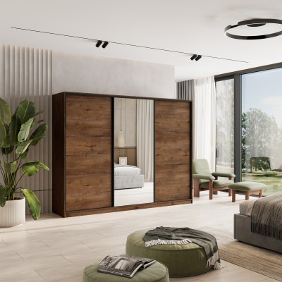 Gleitender Kleiderschrank TARI 270 cm mit Spiegel Dreitüriger Kleiderschrank mit Schubladen